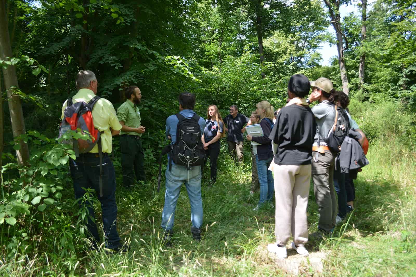 groupe de personnes en cercle autour d'une personne en train de parler, au coeur de la forêt 